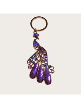 Peacock Keychain Keyring Purple and Blue Rhinestones Gold-Tone Metal